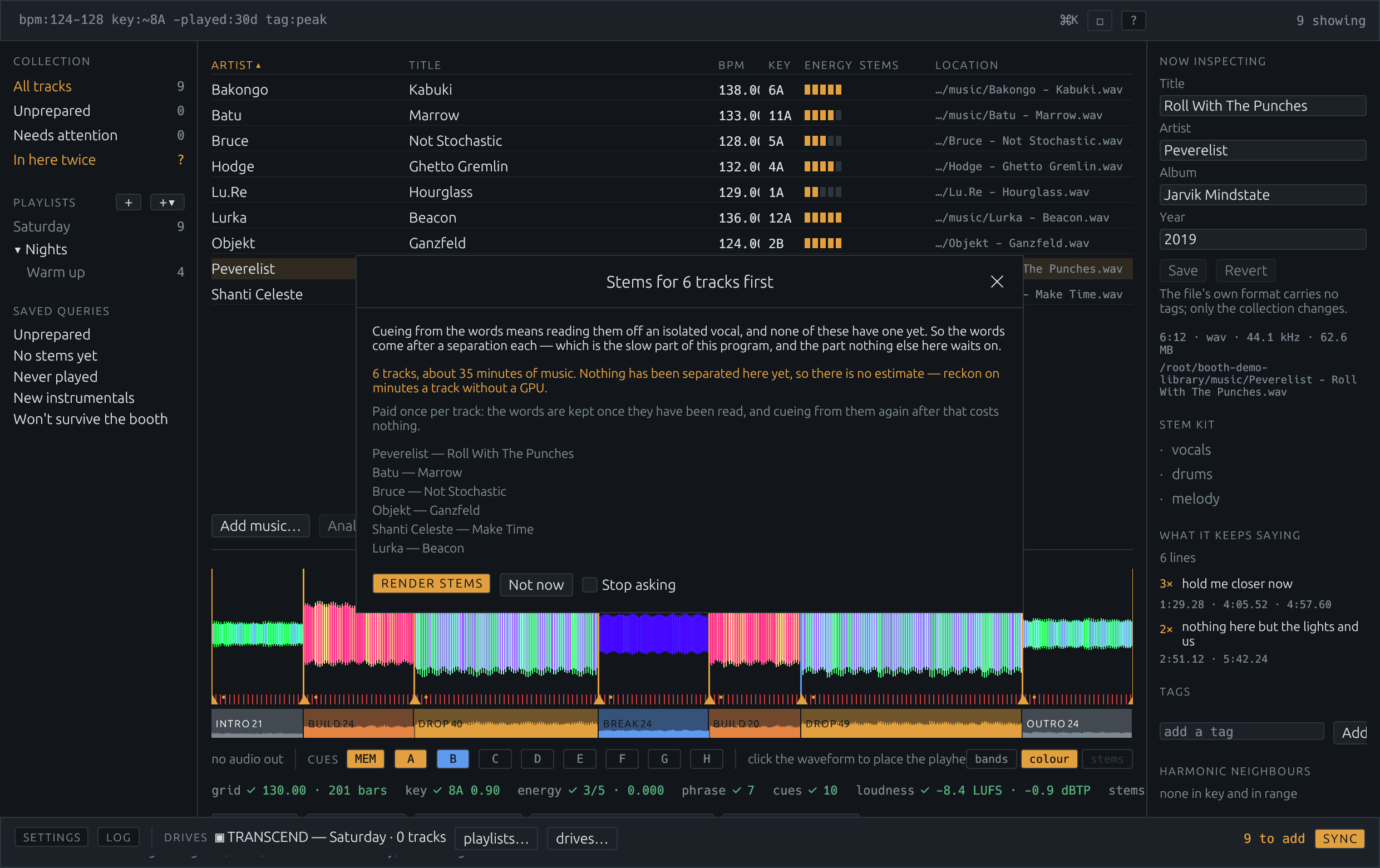 The sheet that opens before a batch of separations: “Stems for 6 tracks first”, how much music that is, that it is paid once per track, the tracks it would separate, and buttons to render the stems or not now.