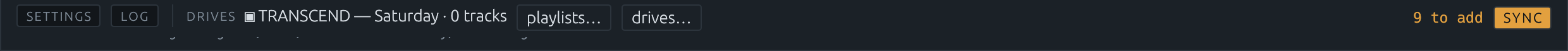 The drive dock along the bottom of the window: the drive's name, the playlist it carries, how many tracks are still to add, and the sync button.