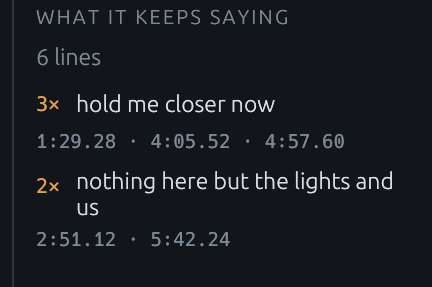 The inspector's “What it keeps saying” panel: six lines heard, the line “hold me closer now” three times with the three places it lands, and a second line twice.